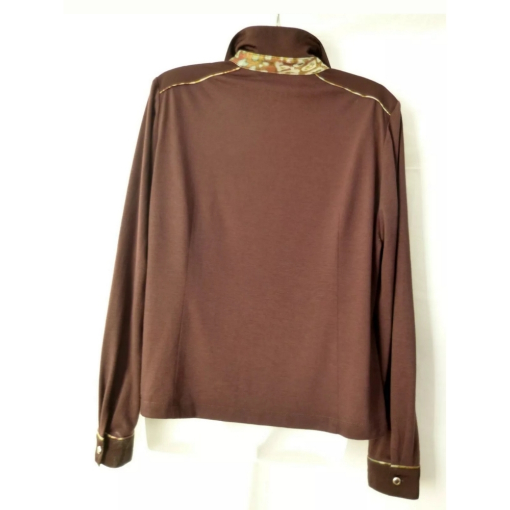 Women Top Size L Brown Long Sleeve Henley Stretch - Picture 2 of 8
